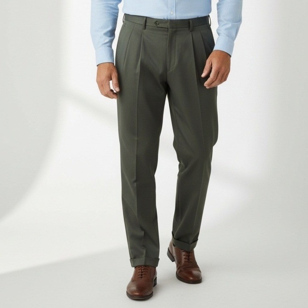 Savane Mens Sage Green Pleated Cuffed Dress Pants 34W x 32L D52789